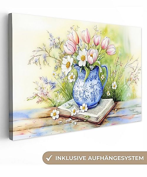 OneMillionCanvasses® Leinwandbild Vase - Delfter Blau - Gänseblümchen, Foto günstig online kaufen