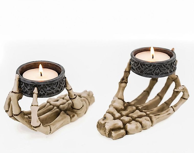 Vogler Teelichthalter 2er Set Teelichthalter Skeletthand Skelett Totenschäd günstig online kaufen