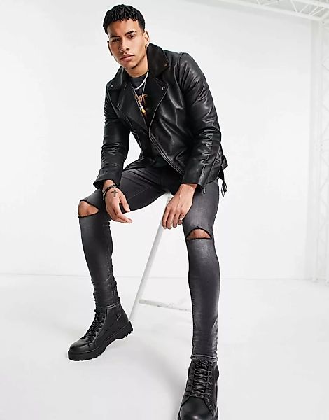 Topman – Biker-Jacke aus Leder in Schwarz günstig online kaufen