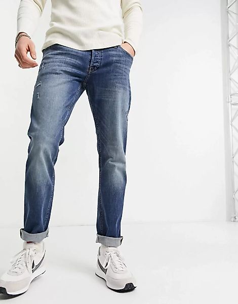 Jack & Jones Intelligence – Glenn – Schmale Jeans mit Abrieb in Dunkelblau günstig online kaufen