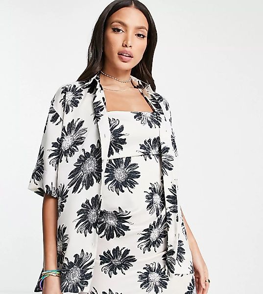 Topshop Tall – Hemd mit Sonnenblumenmuster in Schwarz-Weiß, Kombiteil-Mehrf günstig online kaufen