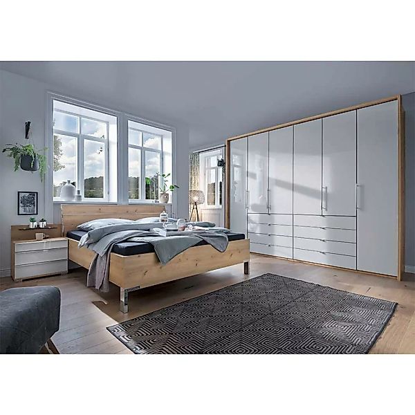 Premium Schlafzimmerset in Eiche Bianco und Weiß glasbeschichtet (vierteili günstig online kaufen