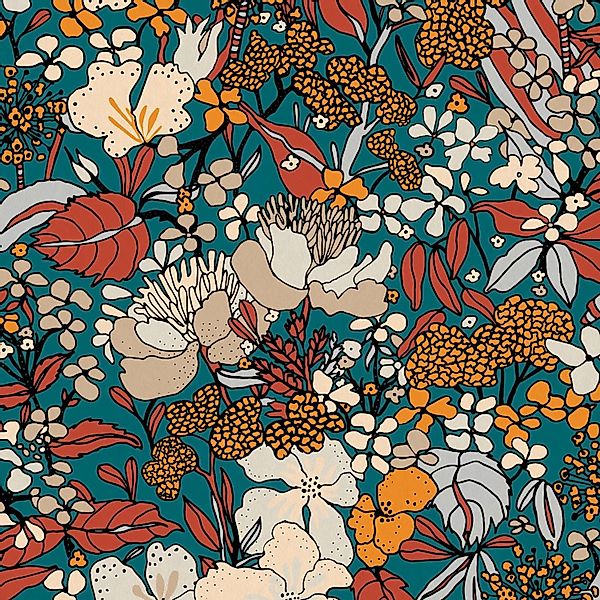 PROFHOME 377562-GU Blumen Tapete Dschungel Matt Blau Petrol Beige 0,53 m x günstig online kaufen