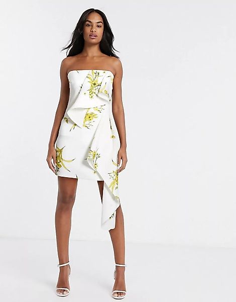 True Violet – Trägerloses Minikleid mit Rüschen in Ocker geblümt-Weiß günstig online kaufen