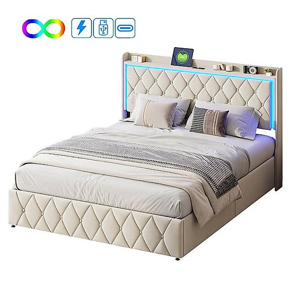 FUROKOY Polsterbett LED Hydraulisch Doppelbett Jugendbett, 140x200cm Staura günstig online kaufen