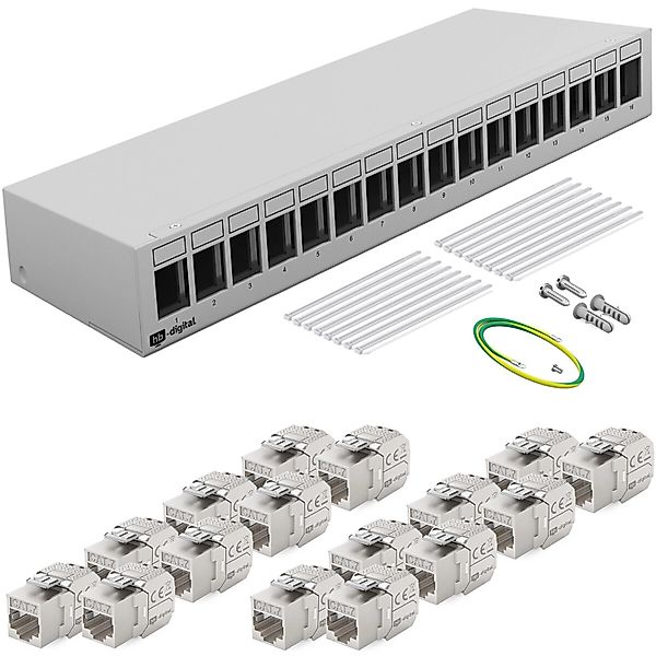 hb-digital Patch Panel 16 Port mit 16x Keystone Module Cat 7 Hellgrau günstig online kaufen