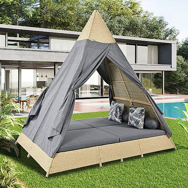 Merax Gartenliege mit Rattanzelt und Stahlrahmen, günstig online kaufen