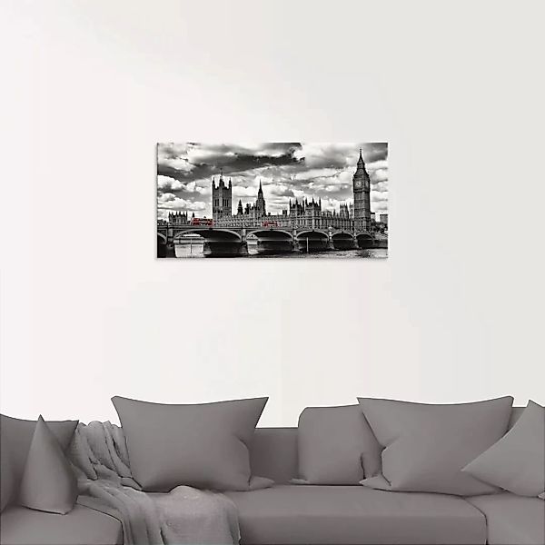 Artland Glasbild "London Westminster Bridge & Red Buses", Großbritannien, ( günstig online kaufen