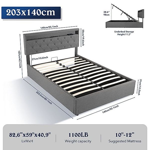 LETGOSPT Polsterbett Musik Doppelbett 140x200cm Verstärkt,mit 16RGB LED und günstig online kaufen