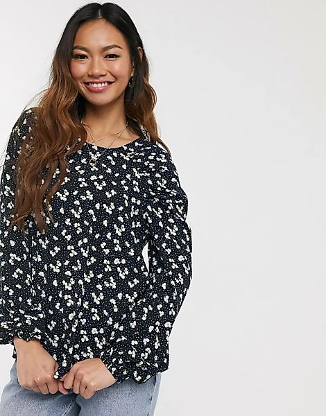 Pieces – Schwarz gepunktete Bluse mit Puffärmeln und Blümchenmuster-Mehrfar günstig online kaufen