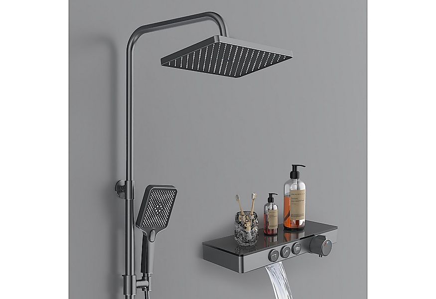 EMKE Duschsystem mit Thermostat 38℃ eckig Regenduschset und Kopfbrause Dusc günstig online kaufen