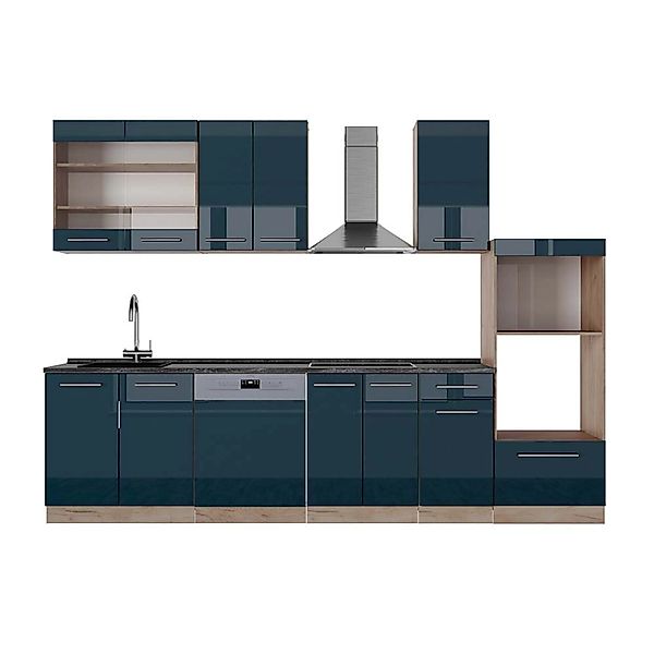 Vicco Fame-Line Küchenschränke Dunkelblau Hochglanz/Goldkraft Eiche 300 cm günstig online kaufen