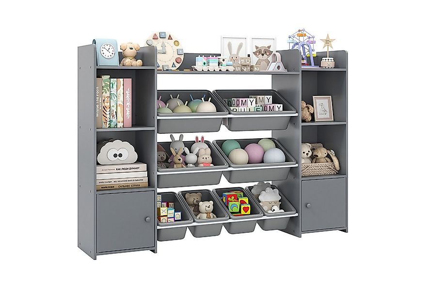 COSTWAY Kinderregal, 4-stöckiges Spielzeugregal mit 8 Boxen, Holz, grau günstig online kaufen