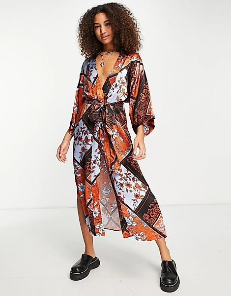 Topshop – Premium – Satin-Kimonokleid im Patchwork-Design-Mehrfarbig günstig online kaufen