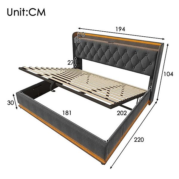 HAUSS SPOLE Polsterbett 180x200cm mit LED-Beleuchtung, Ladefunktion Grau Le günstig online kaufen