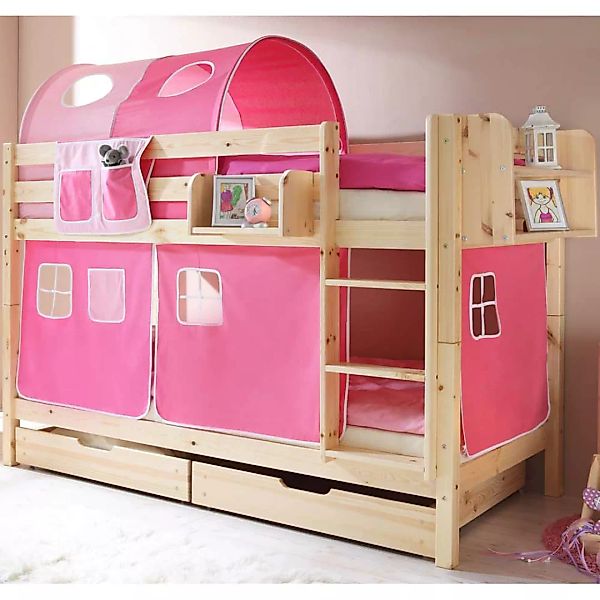 Kinderetagenbett mit rosa Vorhängen Kiefer Massivholz günstig online kaufen