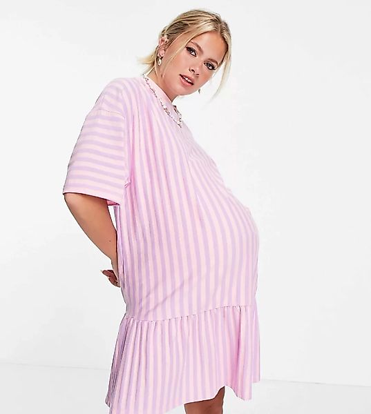 ASOS DESIGN Maternity – Gestreiftes Oversized-T-Shirt-Kleid mit Rüschensaum günstig online kaufen
