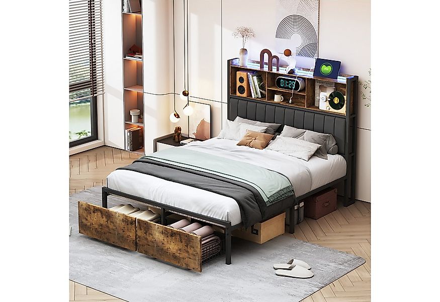 FUROKOY Polsterbett Doppelbett Stauraumbett Metallbett LED Licht und USB+Ty günstig online kaufen