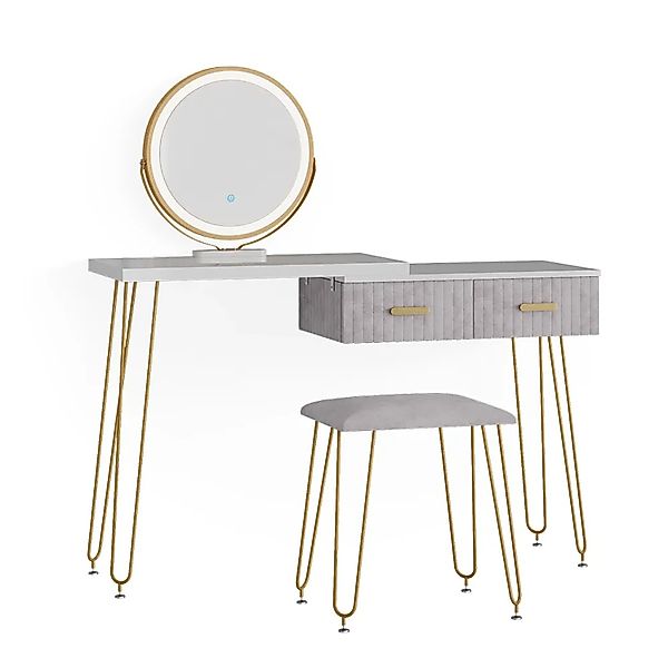 Vicco Schminktisch Zoey, Weiß/Grau, 120 cm mit LED Beleuchtung und Hocker günstig online kaufen
