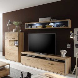 Wohnzimmer Anbauwand in Asteiche Bianco furniert Silberfarben (dreiteilig) günstig online kaufen
