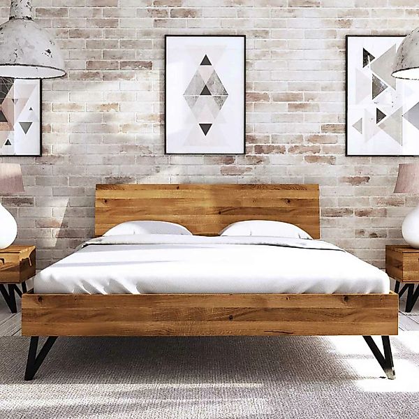 Echtholzbett aus Wildeiche Massivholz und Stahl Loft Design günstig online kaufen