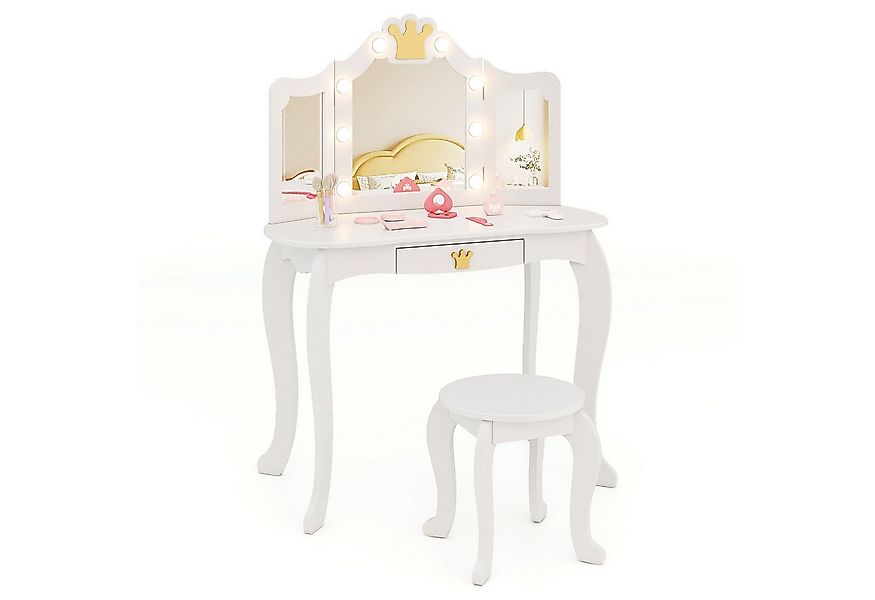 COSTWAY Schminktisch Kinderschminktisch mit Hocker, mit LED Beleuchtung günstig online kaufen