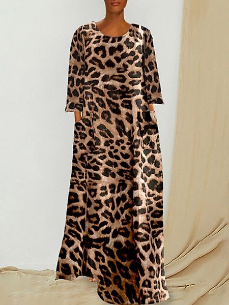 Vintage Taschen mit Leopardenmuster Langarm lose Kleid günstig online kaufen
