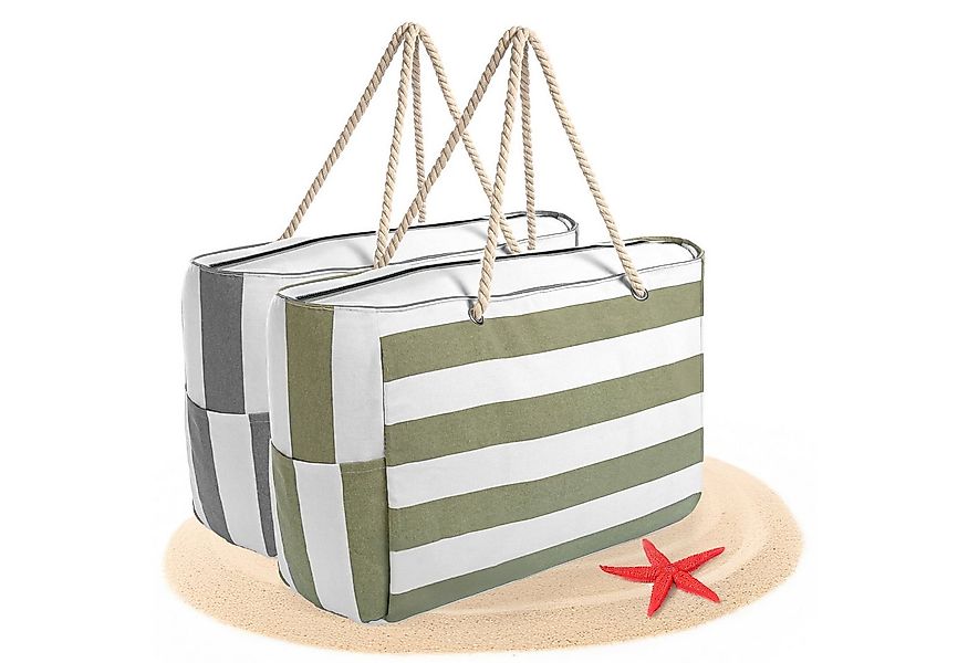 BigDean Strandtasche Badetasche XXL 2 Stück grün & grau weiß große mit Reiß günstig online kaufen
