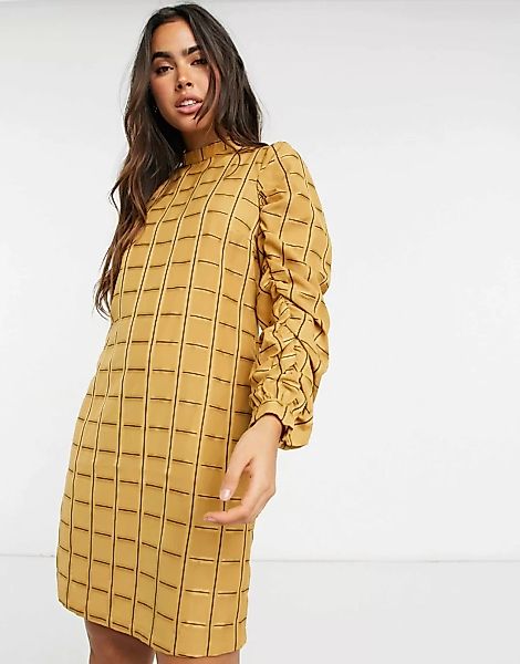 Y.A.S – Anise – Kariertes Minikleid in Gelb mit Raffdetails günstig online kaufen
