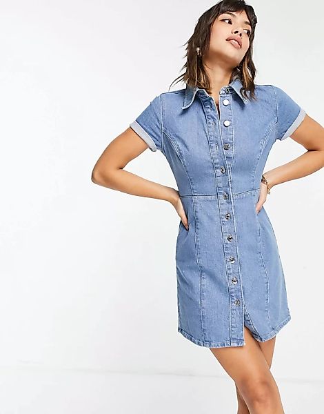 ASOS DESIGN – Figurbetontes Jeans-Hemdkleid mit kurzen Ärmeln in mittlerer günstig online kaufen