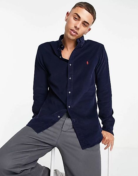 Polo Ralph Lauren – Schmales Hemd aus feinem Cord in Marineblau mit Knopfle günstig online kaufen