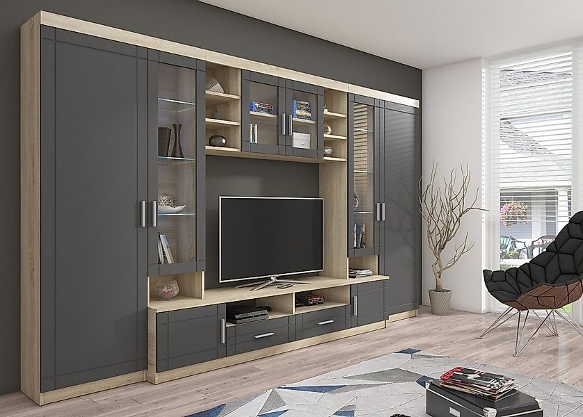 Küchen-Preisbombe Wohnwand Paris Schrankwand Anbauwand Wohnzimmer MDF Grau+ günstig online kaufen