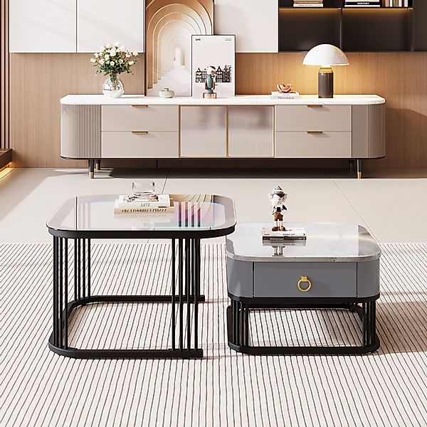 Couchtisch, 2er-Set mit Schublade Marmoroptik Stapelbarer Hochglänzende Gla günstig online kaufen