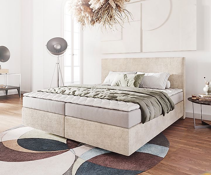 Boxspringbett Dream-Well 180x200 cm Cord Beige mit Matratze und Topper günstig online kaufen