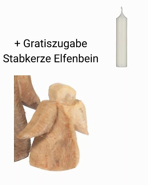 Holz Engel Pappel H 32 cm + Gratiszugabe Stabkerze Elfenbein günstig online kaufen