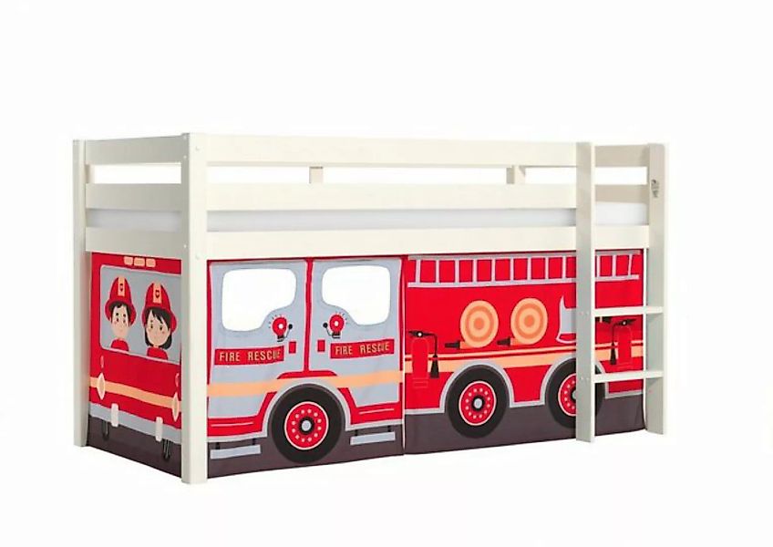 Natur24 Kinderbett Halbhohes Bett Pino mit Textilset Feuerwehr Kiefer Weiß günstig online kaufen