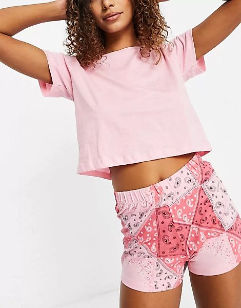 Brave Soul – Kurzes Pyjama-Set mit Paisley-Muster-Rosa günstig online kaufen
