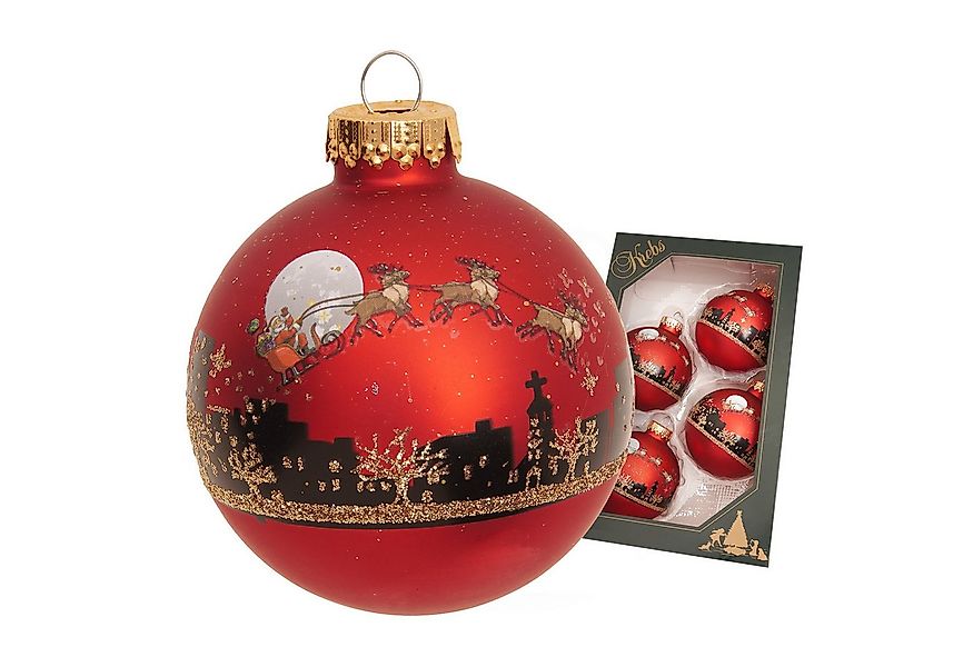 Krebs Glas Lauscha Weihnachtsbaumkugel 4er Set - Santa mit Rentieren in Rot günstig online kaufen