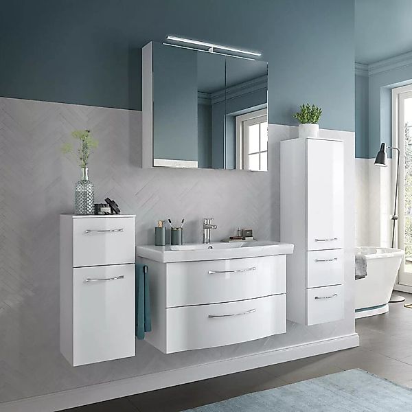 Badezimmermöbel Komplett Set, 82cm Waschbecken, LED Beleuchtung, weiß Hochg günstig online kaufen