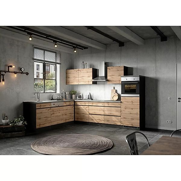 Held Möbel Winkelküche Turin 300 x 240 cm Wotaneiche-Graphit mit E-Geräten günstig online kaufen