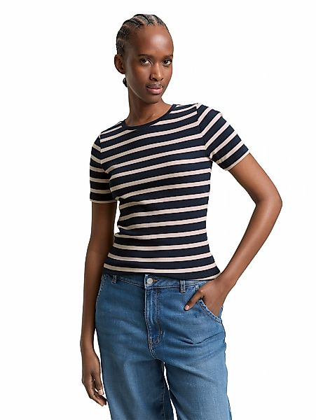 TOM TAILOR Denim Rundhalsshirt gestreift, Fein-Ripp-Optik günstig online kaufen