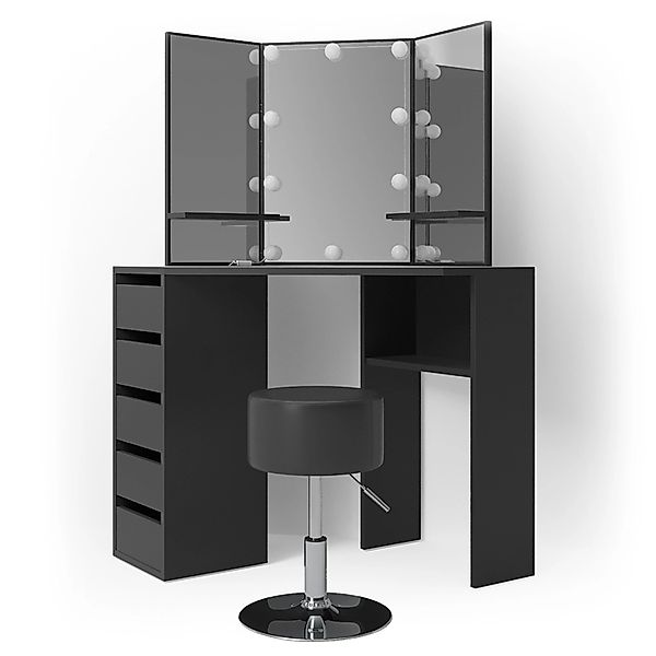 Vicco Eckschminktisch Arielle Schwarz 110 cm mit LED Beleuchtung und Hocker günstig online kaufen