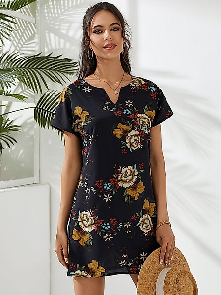 YOINS Schwarzes, zufälliges Blumendruck-Minikleid mit V-Ausschnitt und kurz günstig online kaufen