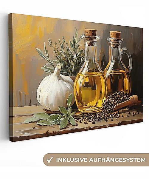 OneMillionCanvasses® Leinwandbild Stilleben - Olivenöl - Knoblauch - Kräute günstig online kaufen