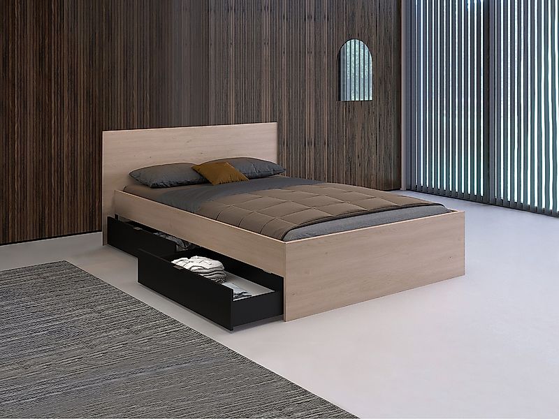 Bett mit 2 Schubladen - 140 x 190 cm - Naturfarben & Schwarz - VELONA günstig online kaufen