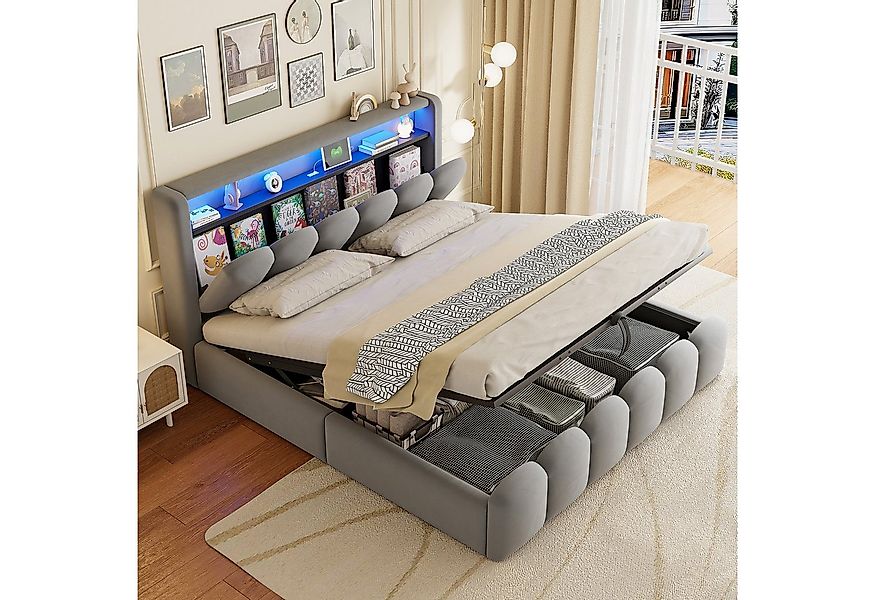 Flieks Polsterbett, LED Hydraulisches Stauraumbett 180x200cm Blütenblattdes günstig online kaufen