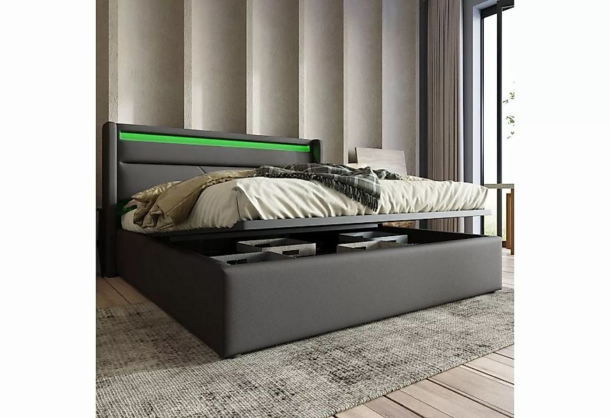 BlingBin Polsterbett Stauraumbett Doppelbett mit LED-Leuchten 160x200cm Gra günstig online kaufen