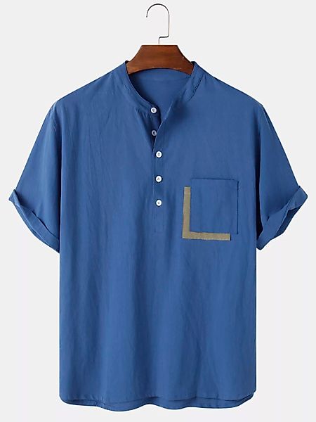 Herren Baumwolle einfarbig hell täglich Stehkragen Henley Shirts mit Tasche günstig online kaufen