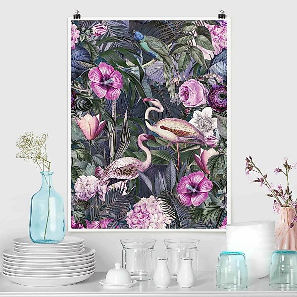 Poster Bunte Collage - Pinke Flamingos im Dschungel günstig online kaufen
