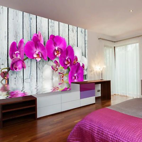 artgeist Fototapete Violet orchids with water reflexion mehrfarbig Gr. 300 günstig online kaufen